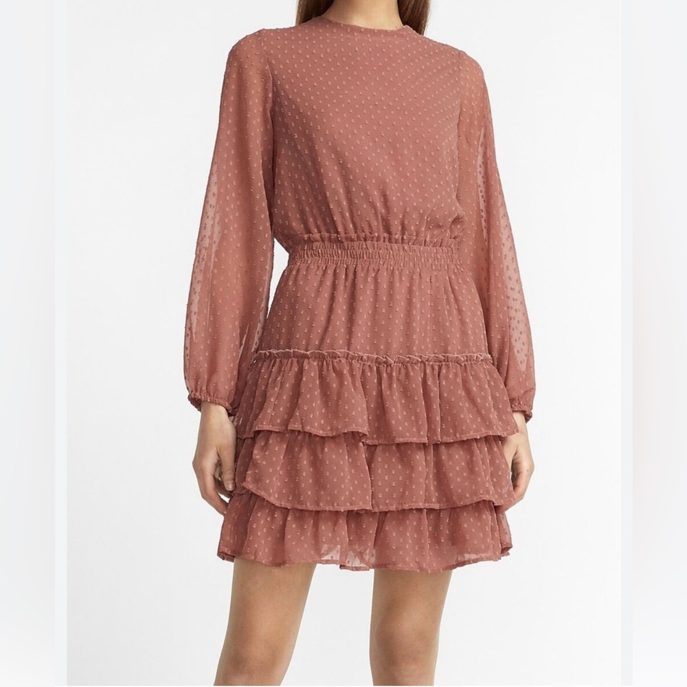 Express Clip Polka Dot Tiered Smocked Waist Lined Cocoa Dark Pink Dress Sz XS